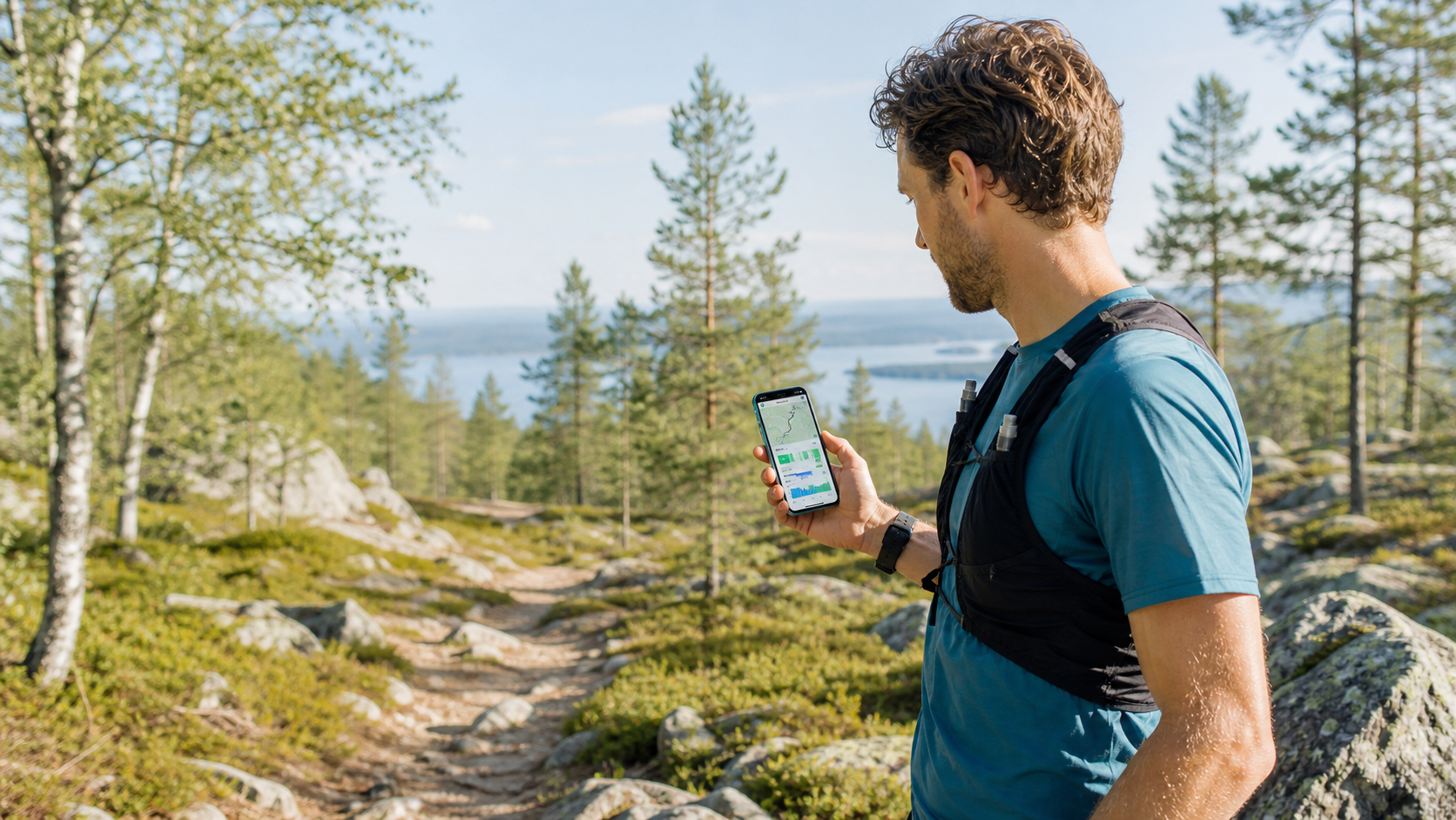 An athlete checking today's training session on their phone during a trail run